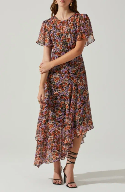 Astr Mirella Floral Midi Dress In Orange Purple Floral