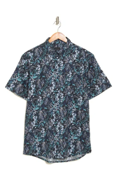 14th & Union Tropical Mix Short Sleeve Cotton & Linen Button-up Shirt In Navy Tropical Mix