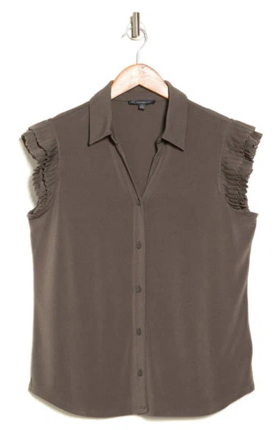 Adrianna Papell Pleated Cap Sleeve Button-up Shirt In Fatigue