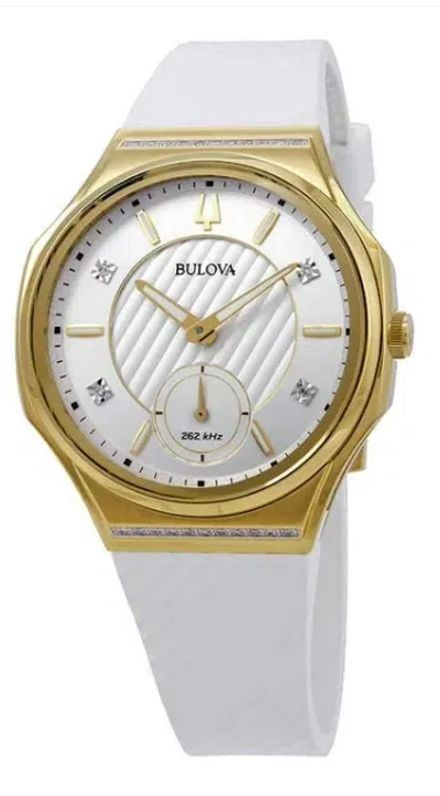 Pre-owned Bulova 98r237 Curv White Diamond Dial Gold Case White Silicone Band Womens Watch