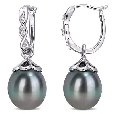 Pre-owned Amour 9 - 9.5 Mm Black Tahitian Cultured Pearl And Diamond Accent Infinity Hoop