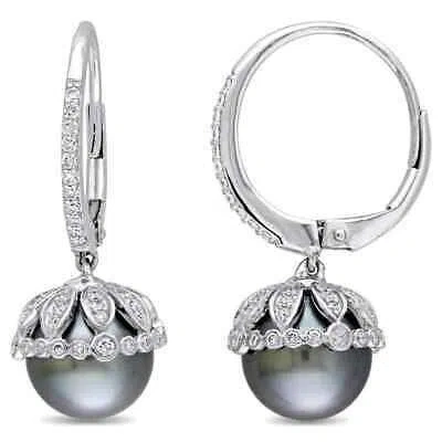 Pre-owned Amour 9-9.5 Mm Black Tahitian Cultured Pearl And 1/2 Ct Tw Diamond Floral Drop In Check Description