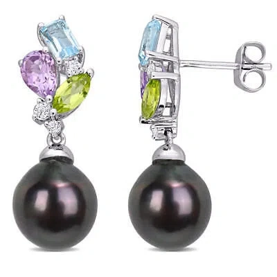 Pre-owned Amour 9 - 9.5 Mm Black Tahitian Cultured Pearl And 1 3/4 Ct Tgw Sky Blue Topaz In White