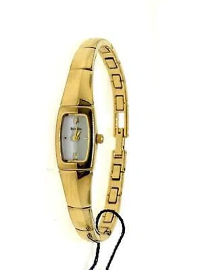 Pre-owned Bulova 97v01 Women's Rectangular Gold-tone Petite White Dial Half-bangle Watch