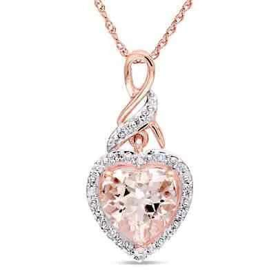Pre-owned Amour Halo Diamond And Heart Shaped Morganite Pendant With Chain In 10k Rose In Check Description
