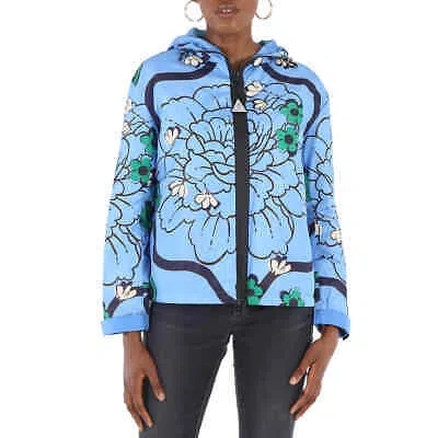Pre-owned Moncler Lil Macro-floral Print Quilted Jacket, Brand Size 0 (x-small) In Blue