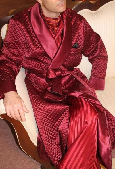 Pre-owned Handmade Mens Quilted Robe Vintage Smoking Dressing Gown Jacket Long Maroon Satin Coat In Red
