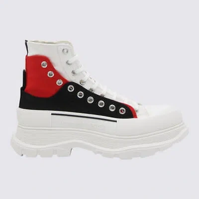 Pre-owned Alexander Mcqueen White Black And Red Canvas Tread Slick Lace Up Fastening Boots
