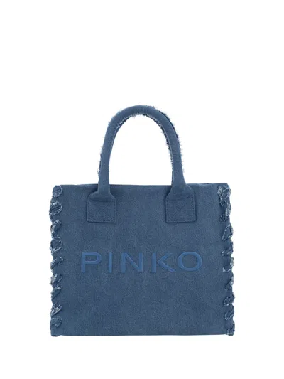 Pinko Beach Handbag In Denim Blu-antique Gold