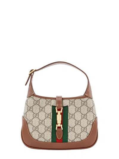 Gucci Gg Supreme Fabric And Leather Shoulder Bag With Iconic Web Band In Brown