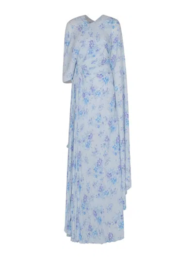 Balenciaga Floral Print Pleated Dress In Blue
