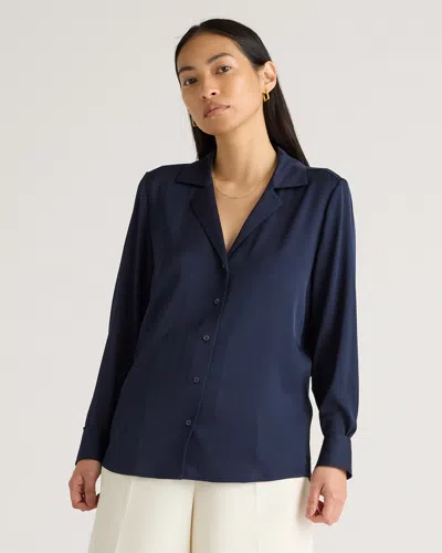 Quince Women's 100% Washable Silk Stretch Notch Collar Blouse In Navy
