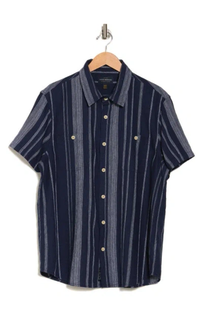 Lucky Brand Mason Plaid Linen Short Sleeve Shirt In Navy Stripe