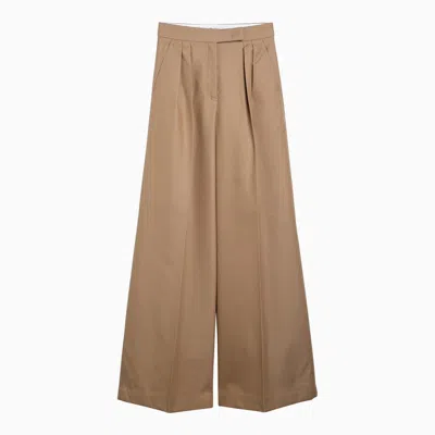 Max Mara Beige Cotton Wide Trousers With Pleats Women In Brown