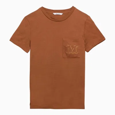 Max Mara Leather-colored Cotton T-shirt With Logo In Brown