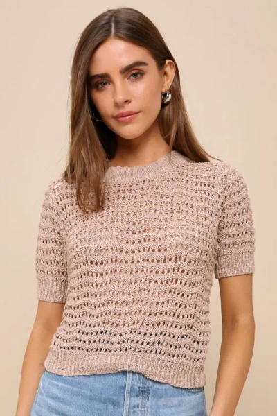 Lulus Essential Darling Tan Loose Crochet Short Sleeve Sweater Top