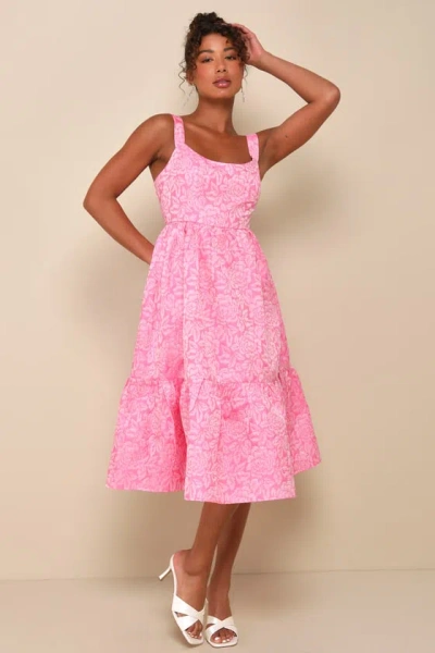 Lulus Spanish Getaway Pink Floral Lace-up Midi Dress With Pockets