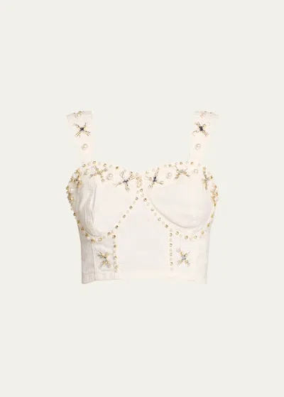 Patbo Hand-beaded Denim Bustier Top In White
