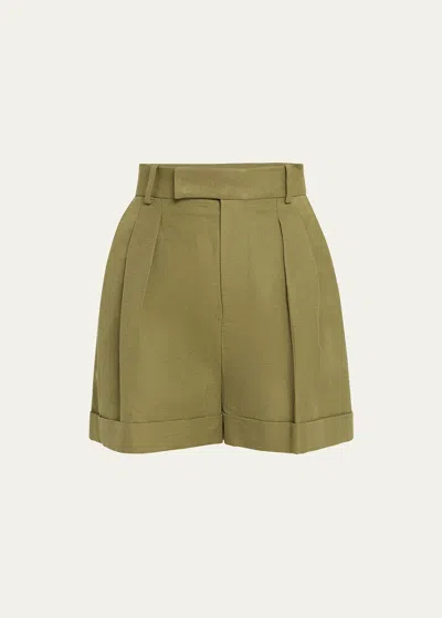 Frame Pleated Wide Cuffed Shorts In Military Green