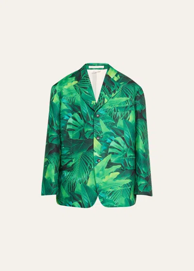 Comme Des Garçons Homme Deux Men's Oversized Gabardine Leaf-print Sport Coat In 1 - Green