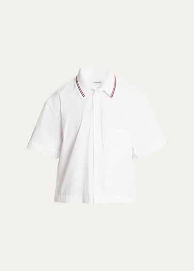 Thom Browne Men's Cotton Seersucker Knit Collar Shirt In White