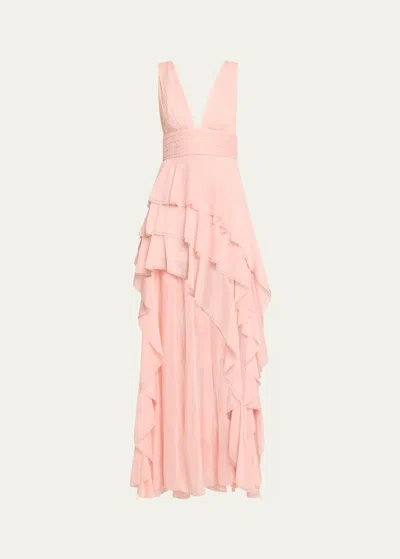 Alice And Olivia Holly Asymmetric Ruffle Maxi Dress In Pink Lace