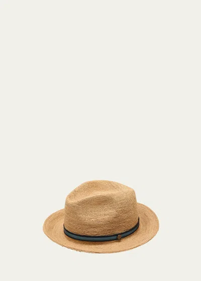 Borsalino Men's Argentina Fine Raffia Crochet Fedora Hat In Natural/blue