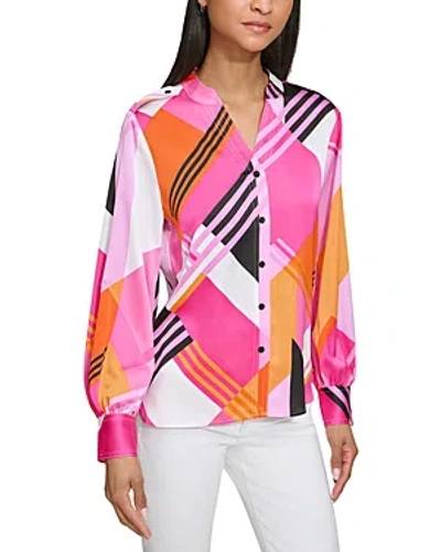 Karl Lagerfeld Women's Printed Blouson-sleeve Button-down Shirt In Fuschia Mu