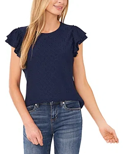 Cece Double Ruffle Sleeve Eyelet Knit Top In Classic Navy