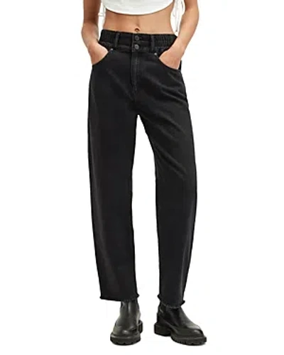 Allsaints Hailey High Waist Fray Hem Straight Leg Jeans In Washed Black