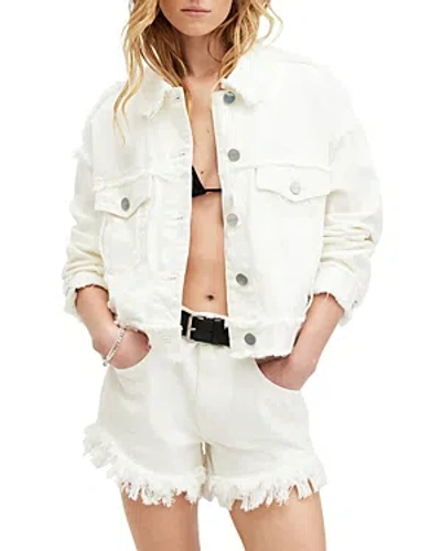 Allsaints Claude Relaxed Fit Frayed Denim Jacket In Cream White