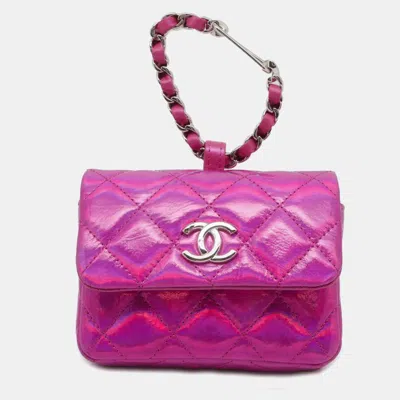 Pre-owned Chanel Pink Patent Lambskin Leather Quilted Hook Card Holder