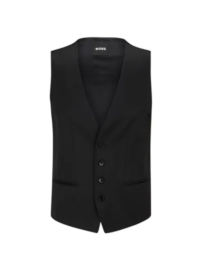 Hugo Boss Men's Single-breasted Waistcoat In Virgin-wool Serge In Black