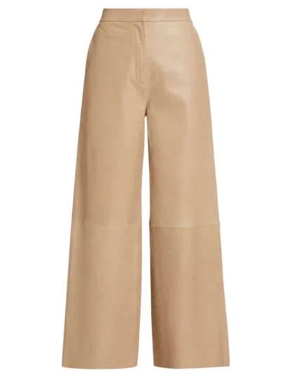 Lamarque Yaren Mid-rise Wide-leg Leather Ankle Trousers In Beige