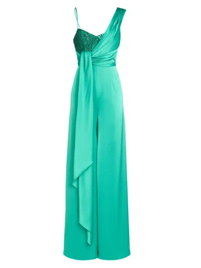 Halston Khi Draped Sequin-embellished Satin Jumpsuit In Vivid Green