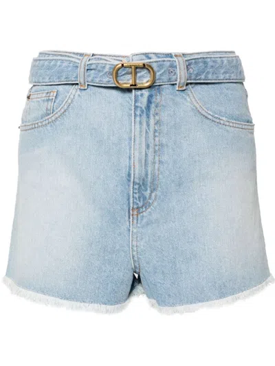 Twinset Belted Denim Shorts In Blue