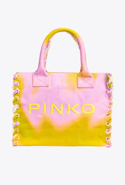 Pinko 刺绣帆布海滩托特包 In Lime/rosa