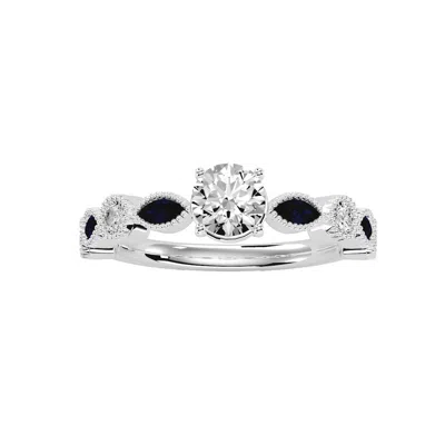 Sselects 1 1/4 Carat Round And Marquise Vintage Diamond And Sapphire Engagement Ring In 14 Karat White Gold In Black
