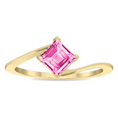Sselects Women's Solitaire Square Shaped Topaz Wave Ring In 10k Yellow Gold In Pink