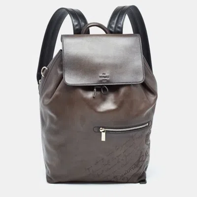 Berluti Dark Leather Day Out Scritto Backpack In Brown