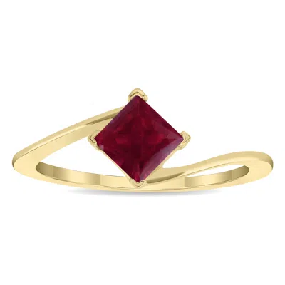 Sselects Women's Solitaire Square Shaped Ruby Wave Ring In 10k Yellow Gold In Red