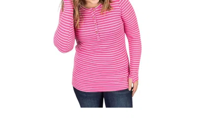Michelle Mae Spring Long Sleeve Henley Top In True Pink/white Stripes