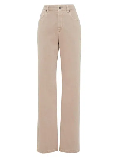Brunello Cucinelli Women's Garment Dyed Comfort Denim Loose Jeans With Shiny Tab In Beige