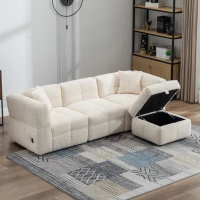 Simplie Fun 87.7" Sectional Sofa Cozy Teddy Fleece Fabric Sectional Sofa Couch In Neutral