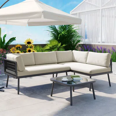 Simplie Fun Modern Outdoor 3-piece Pe Rattan Sofa Set All Weather Patio Metal Sectional Furniture Set In Neutral