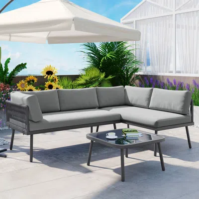 Simplie Fun Modern Outdoor 3-piece Pe Rattan Sofa Set All Weather Patio Metal Sectional Furniture Set In Gray