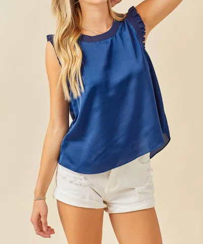 Day + Moon Ruffle Detail Satin Top In Navy In Blue