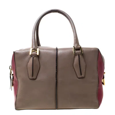 Tod's Taupe/burgundy Leather D-styling Medium Tote In Grey