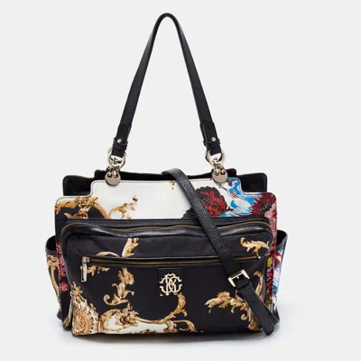 Roberto Cavalli Multicolor Floral Print Fabric And Leather Tote In Brown
