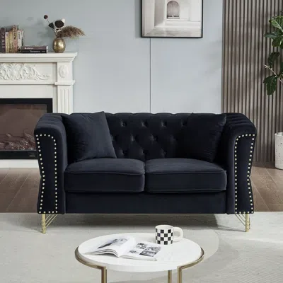 Simplie Fun 60.2" Chesterfield Sofa Beige Velvet For Living Room In Black